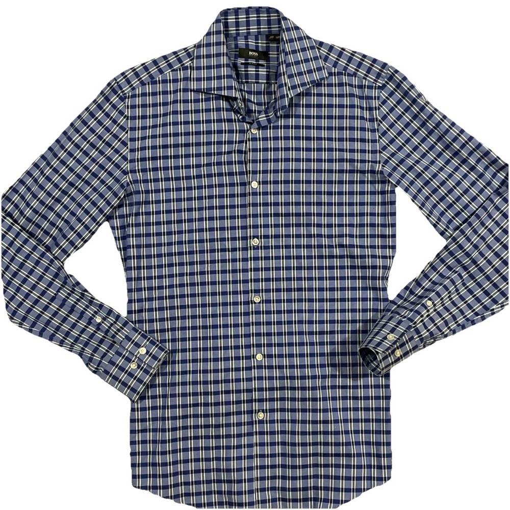 Hugo Boss Slim Fit Navy Plaid Pattern Cotton 15.5"/39 Men's‎ Dress Shirt